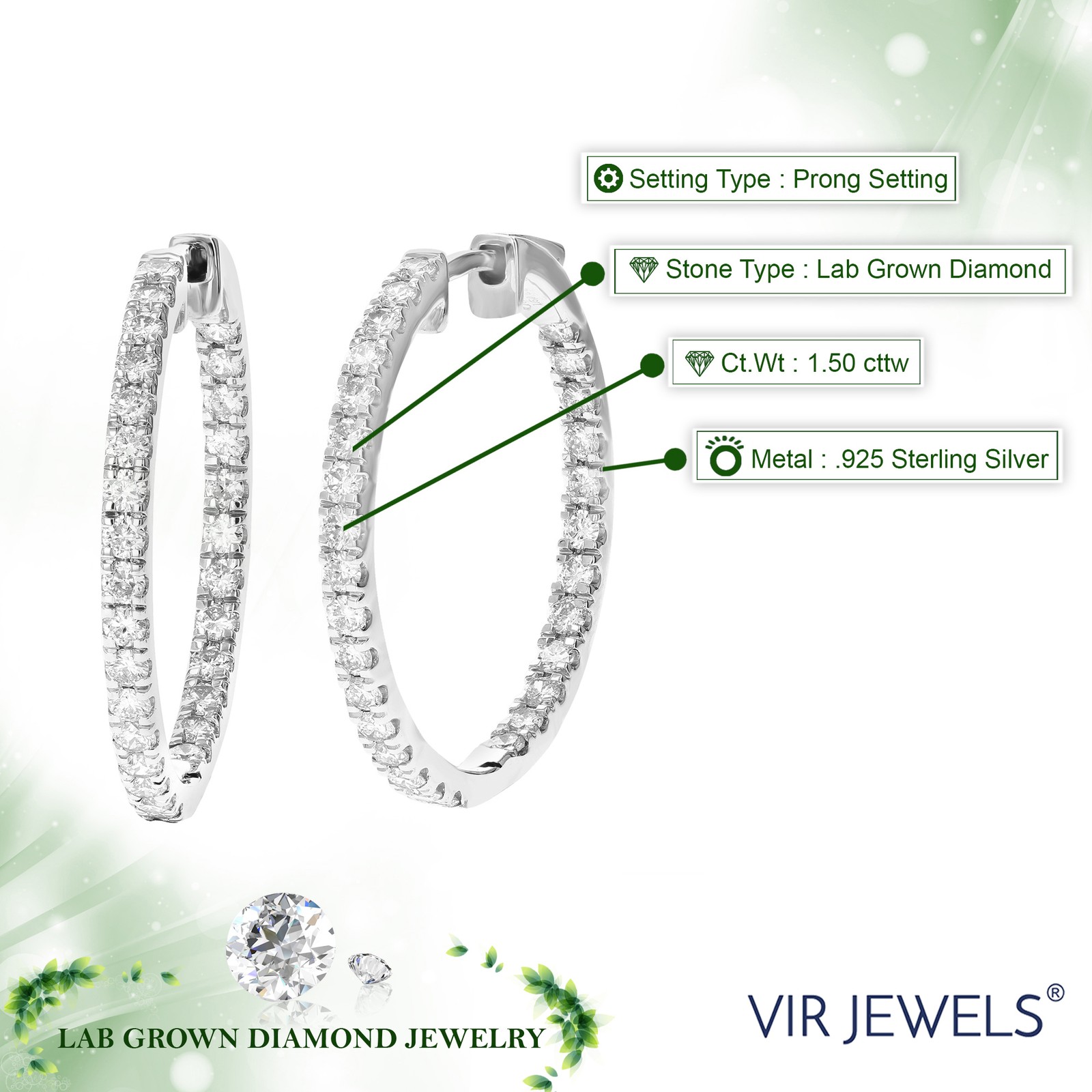 1.50 cttw Lab Grown Diamond Hoop Earrings in Sterling Silver With Latch Backs