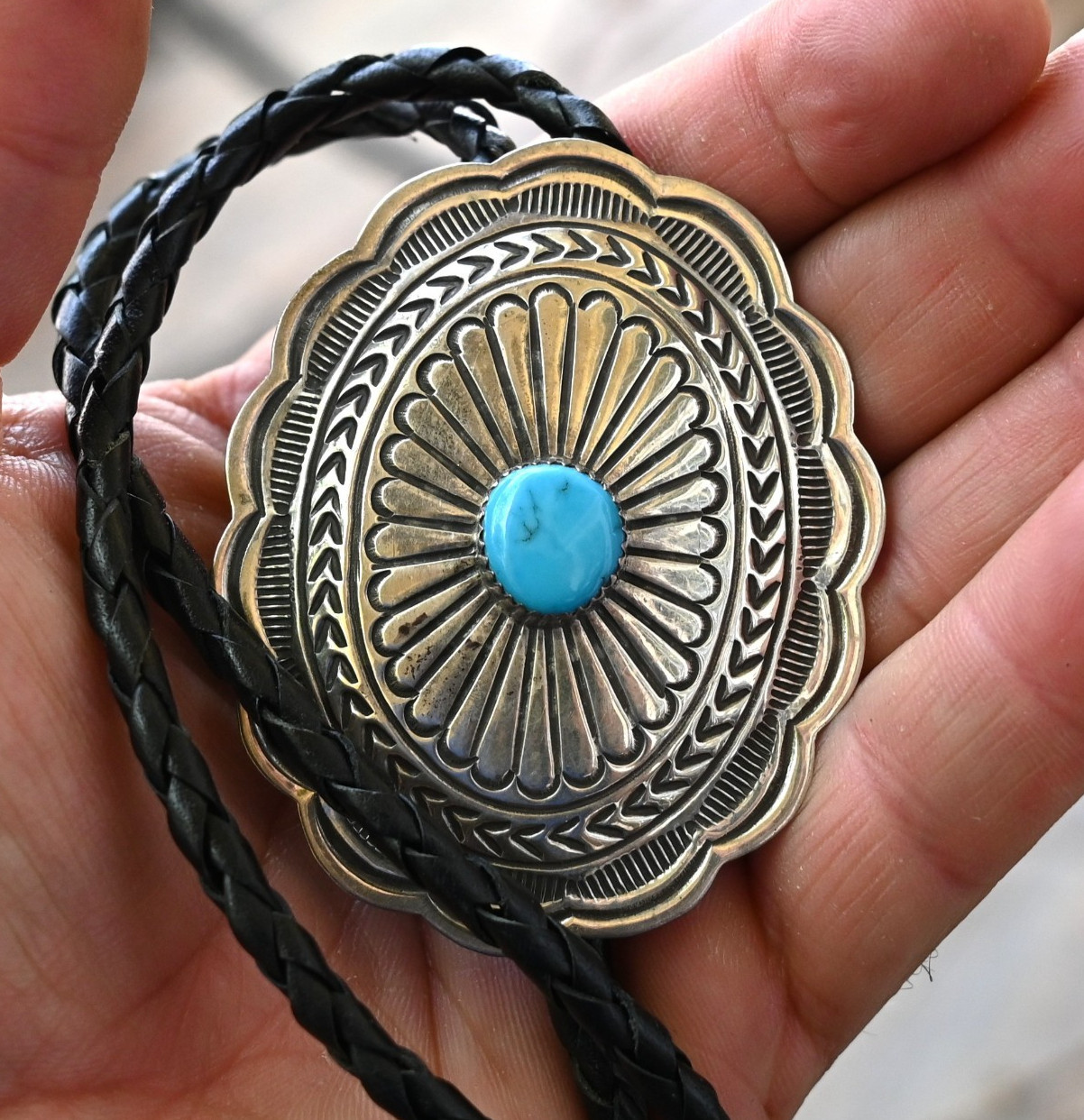 BIG Navajo Concho Bolo by Wilbert Benally Sleeping Beauty Turquoise & Sterling