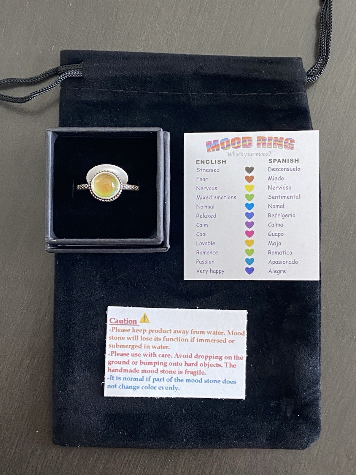 Sterling Silver S925 Round 8mm Stone Mood Ring Size 8 + Color Chart + Gift Box