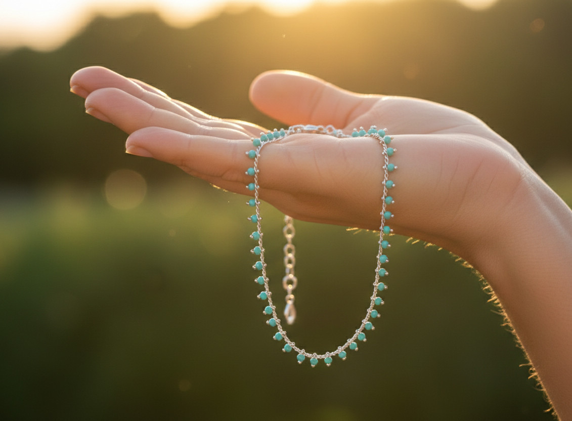 Elegant Silver Tone Turquoise Beaded Anklet 925 Silver Plated Minimalist Boho