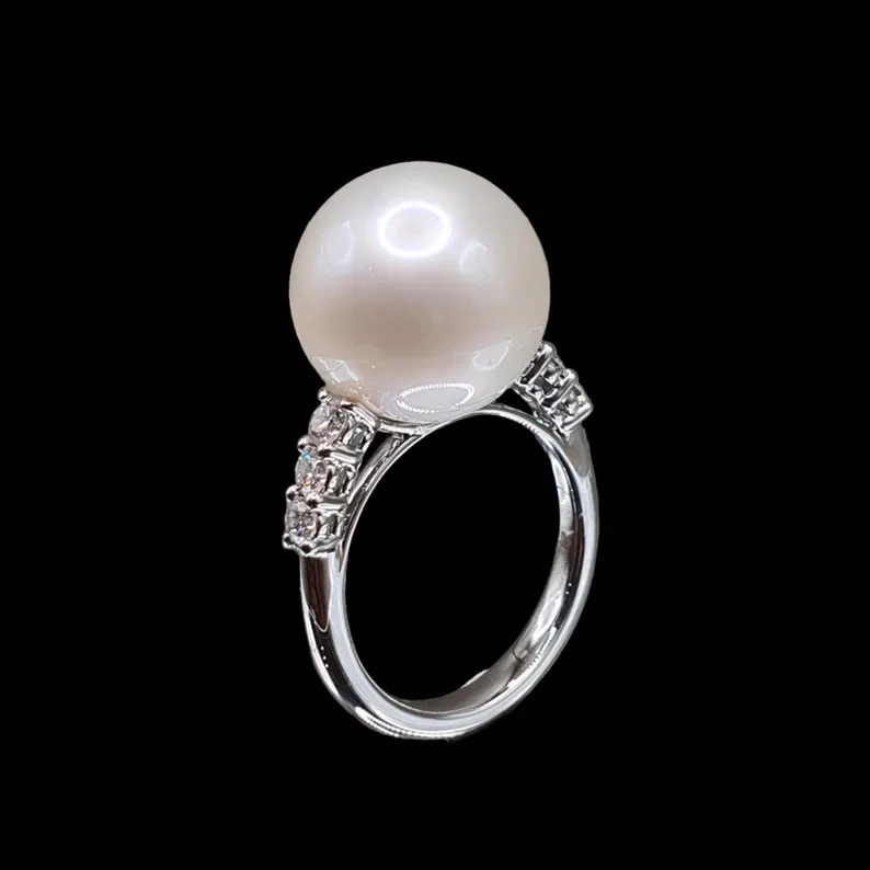 14mm Natural South Sea Pearl Ring with Diamonds in 18K White Gold Size US 6