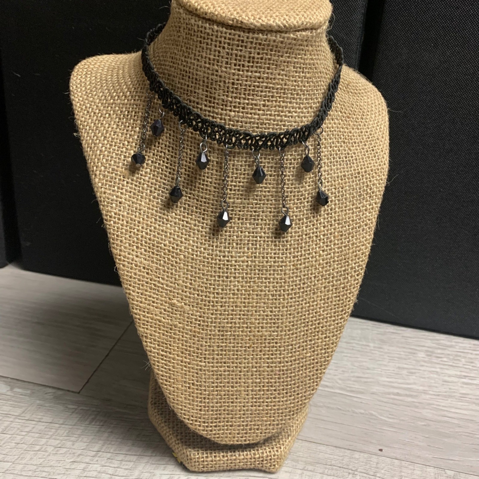 Black Crochet Lace Choker Necklace Gothic Beaded Dangle Charms 12 Inch 3689