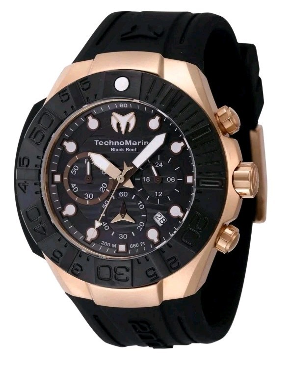 Technomarine Reef Chronograph Rose Gold, Black Dial Silicone Strap TM-523011