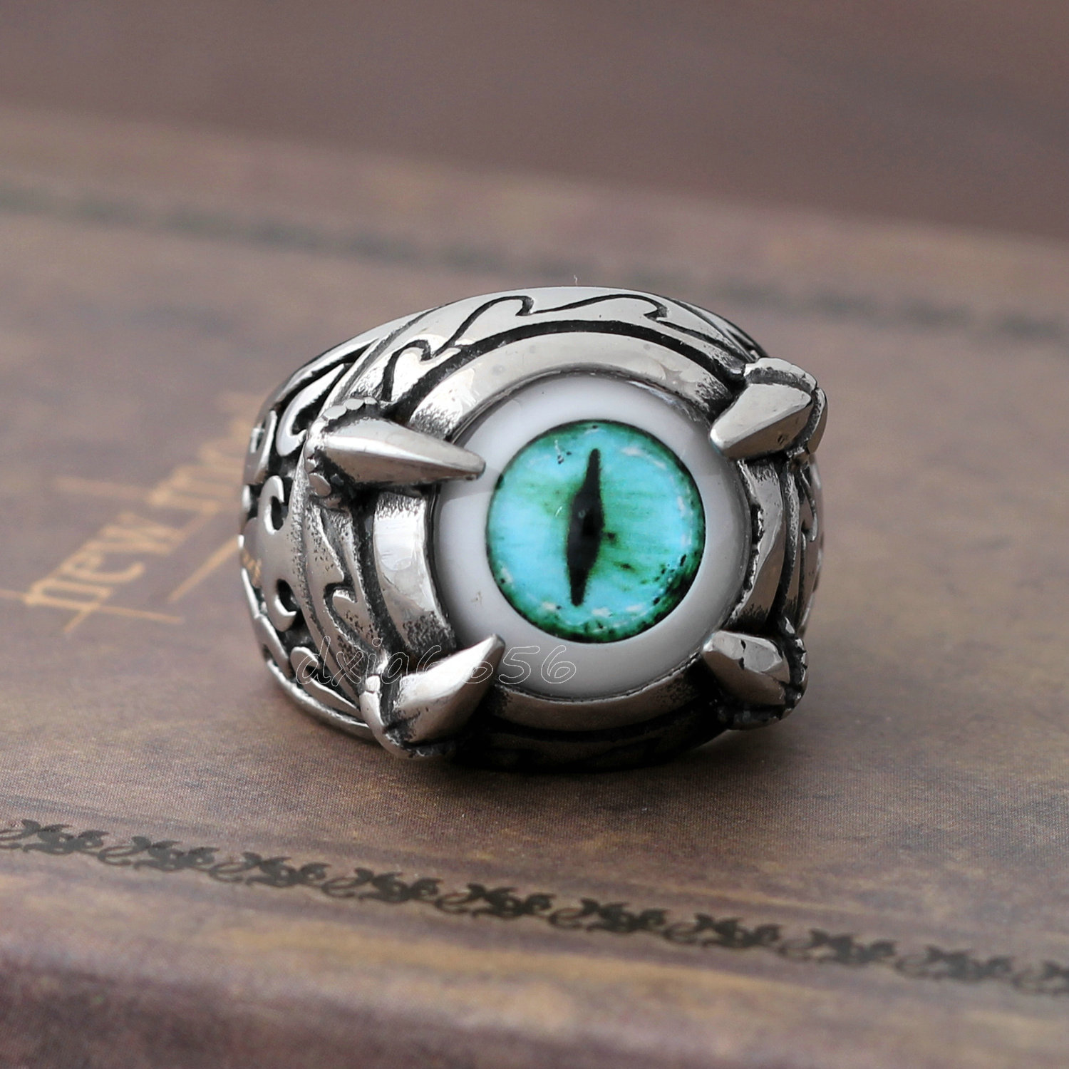 Men’s Gothic Biker Skull Skeleton Claw Turquoise Cat Eye Stainless Steel Ring