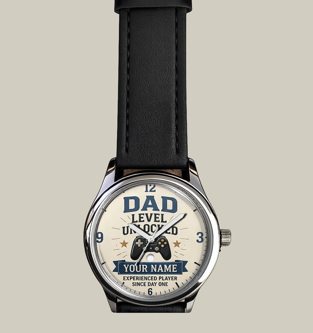 Dad Level Unlocked Personalised Gamer Dad Watch Gift 38mm Dial Boxed