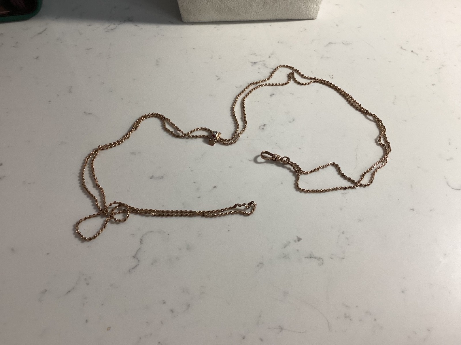 ANTIQUE SIGNED S.O.B. & CO. GOLD FILLED RUBY, PEARL SLIDING WATCH CHAIN NO RES