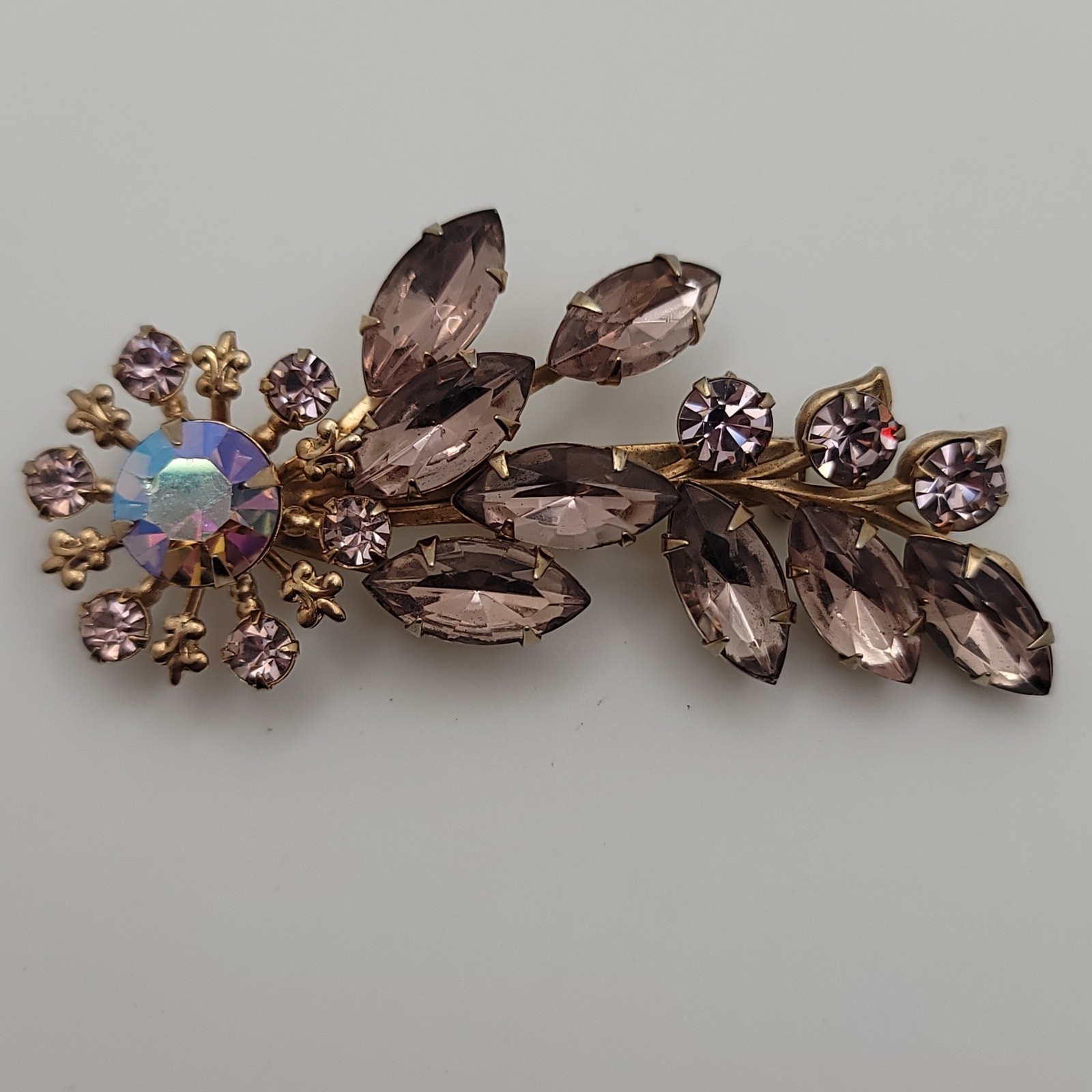 Vintage Lavender Rhinestone Floral Brooch Central Aurora Borealis Stone