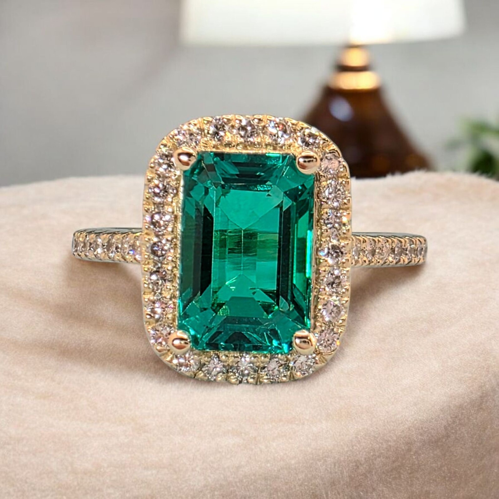 2.88 Ct Emerald Cut Lab Grown Emerald and Diamond Ring 14k GIA Authenticated