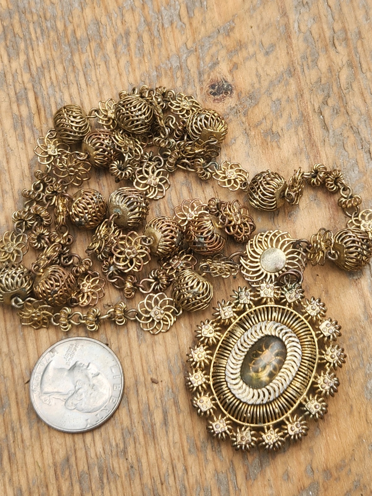 Antique Tambourine Reliquary Necklace Filigree Window Philippines Gold Gilt