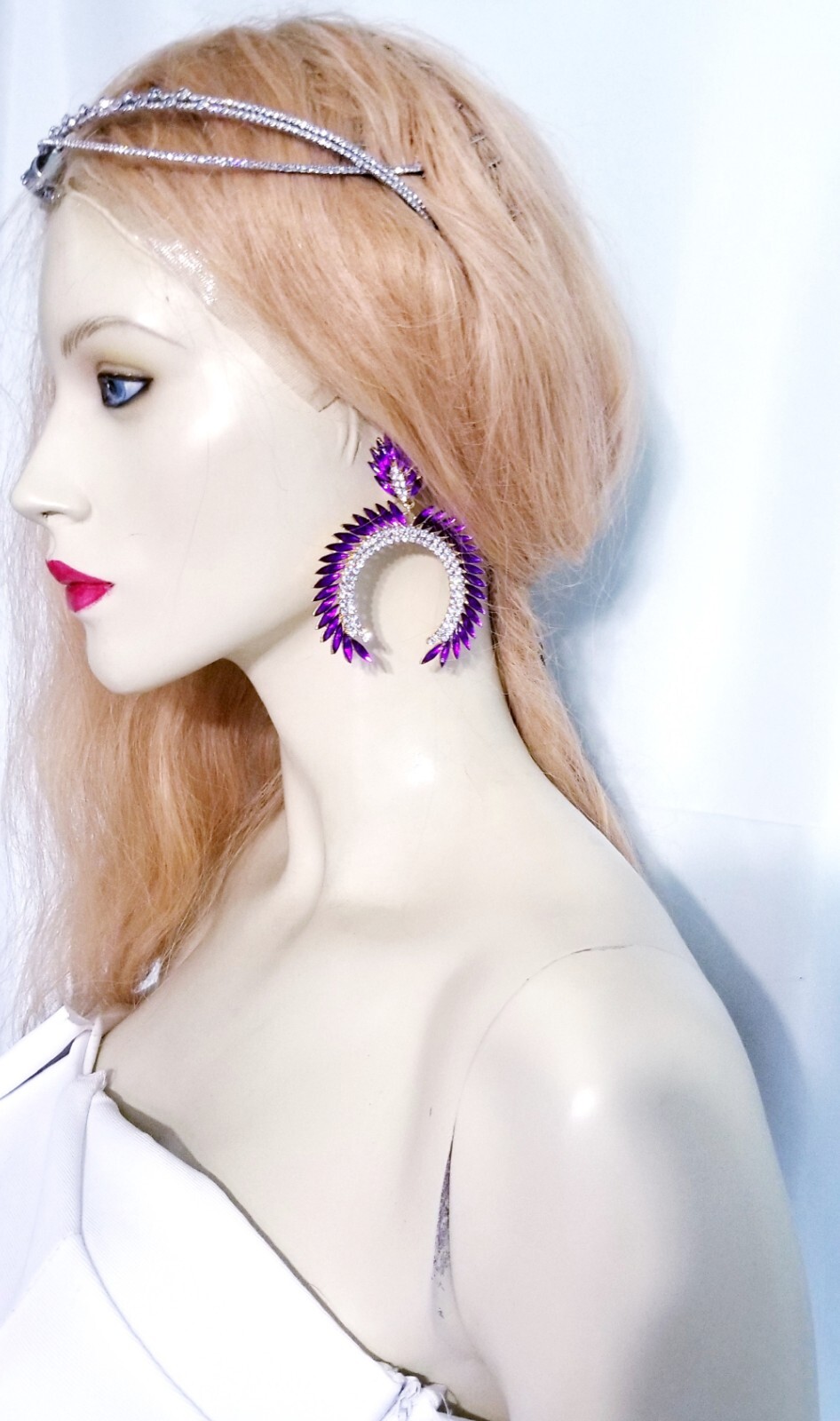 Bridesmaid Drop Dangle Chandelier Earrings 3.2 in Purple Rhinestone Pageant Prom