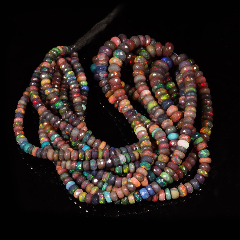 AAA Black Ethiopian Opal Beads: Faceted Rondelle Multi Fire Gemstone
