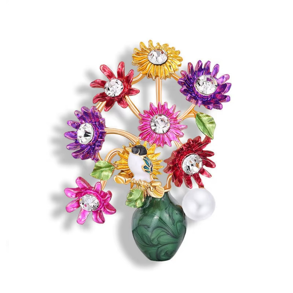 Luxury Rhinestone Flower Bouquet Brooch Gold Bird Pin Spring Summer Jewelry Gift