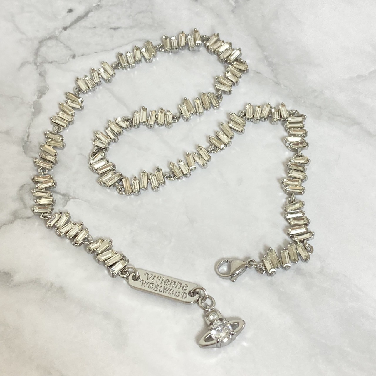 Vivienne Westwood Necklace Choker Crystal 38cm Silver Baguette cut w/Pouch NoBox