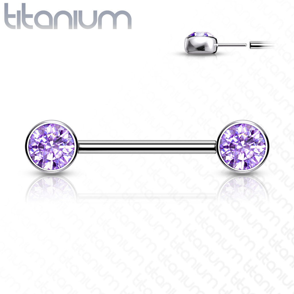 Pair of Implant Grade Titanium Threadless Push In Nipple Barbell W/ Flat CZ Tops