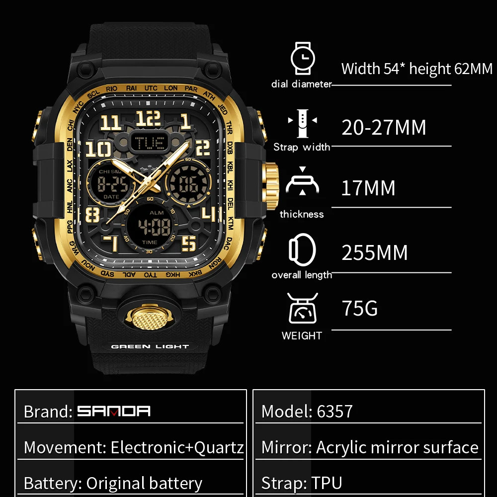 Men’S Outdoor Sport Wristwatch Big Dial Dual Display Luminous Waterproof TPU Ban