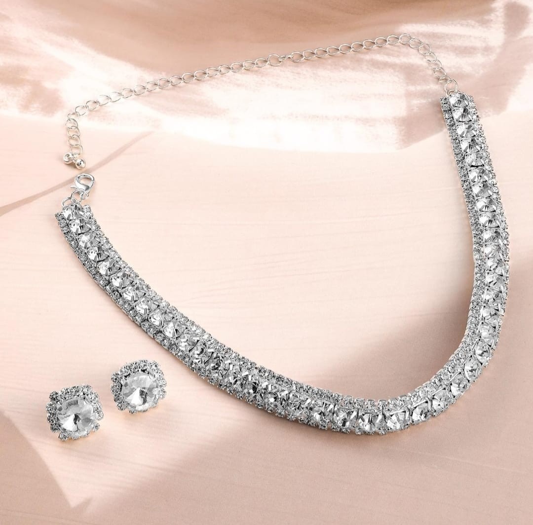 Indian bollywood silver imitation crystal necklece set women and girls