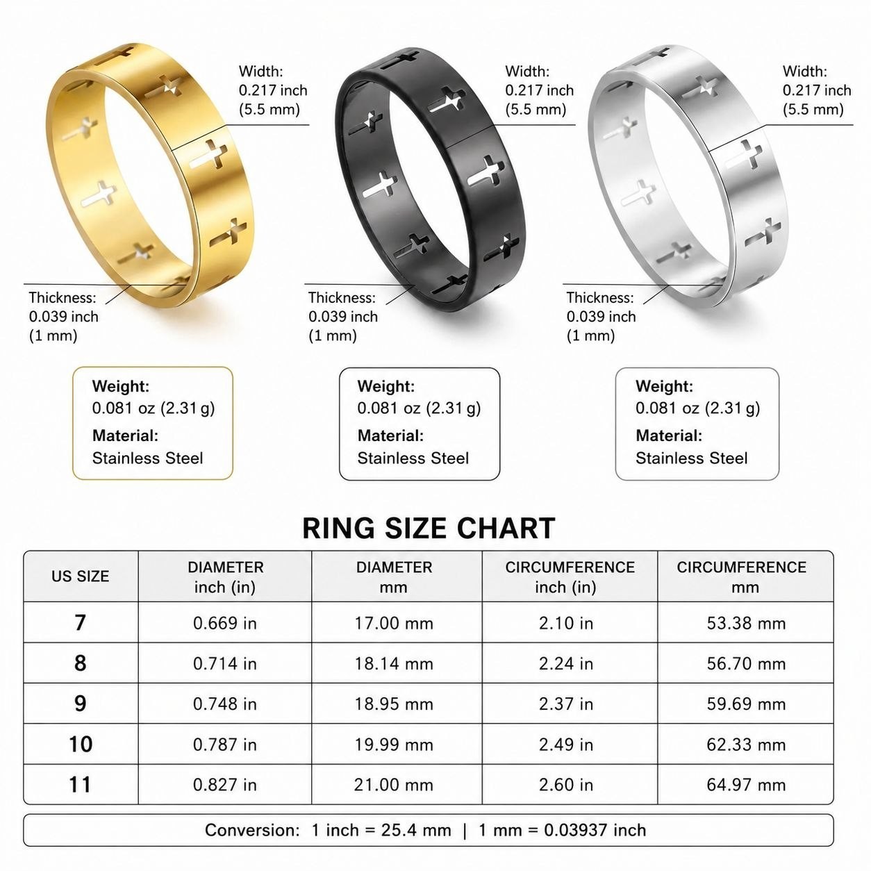 Cross Cut Out Stainless Steel Ring Men Women Christian Band Gold Silver Black