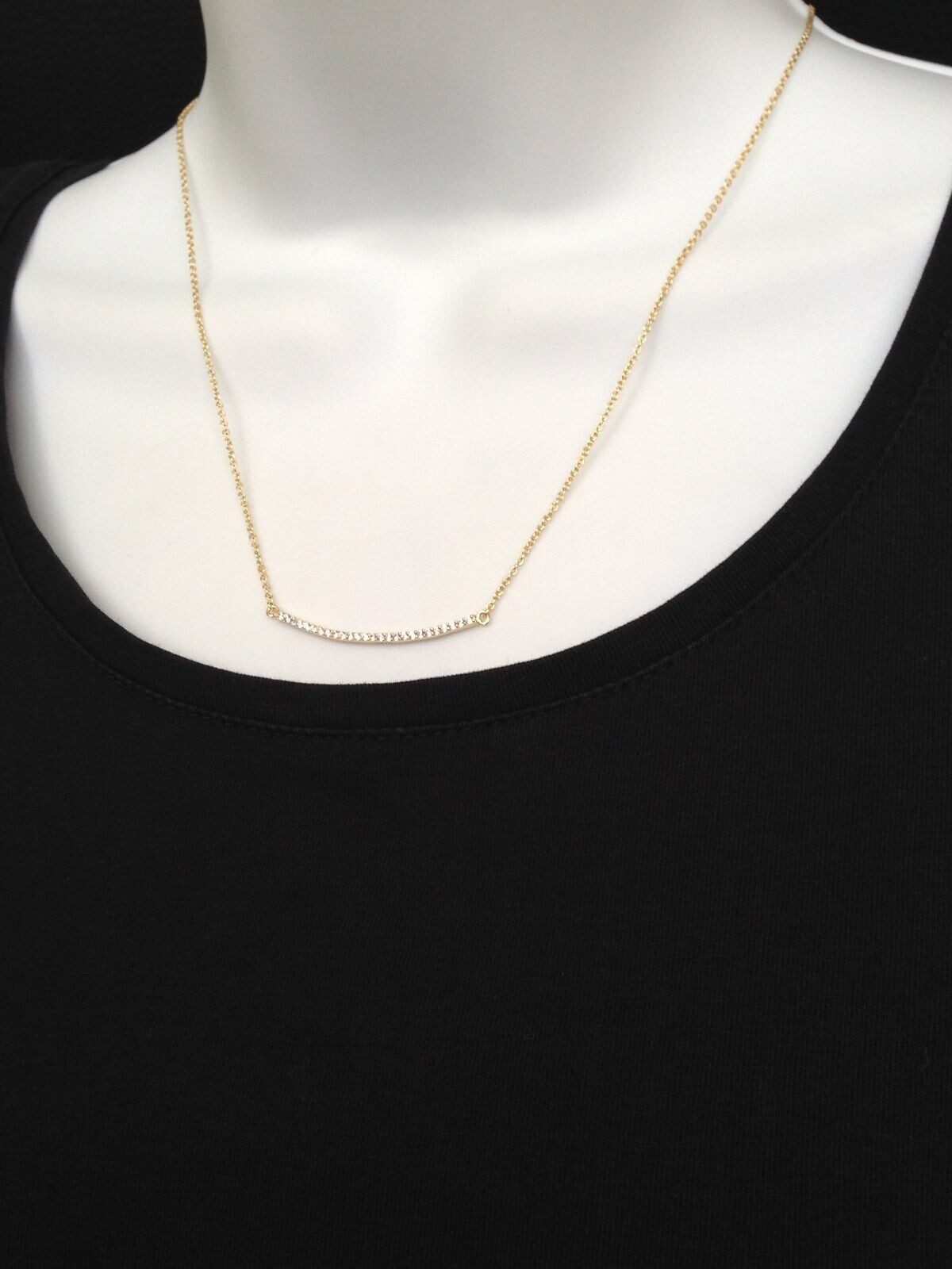 925 Sterling Silver CZ Curved Bar Pendant Necklace Sideways Gold Bar 35mm/1.38″