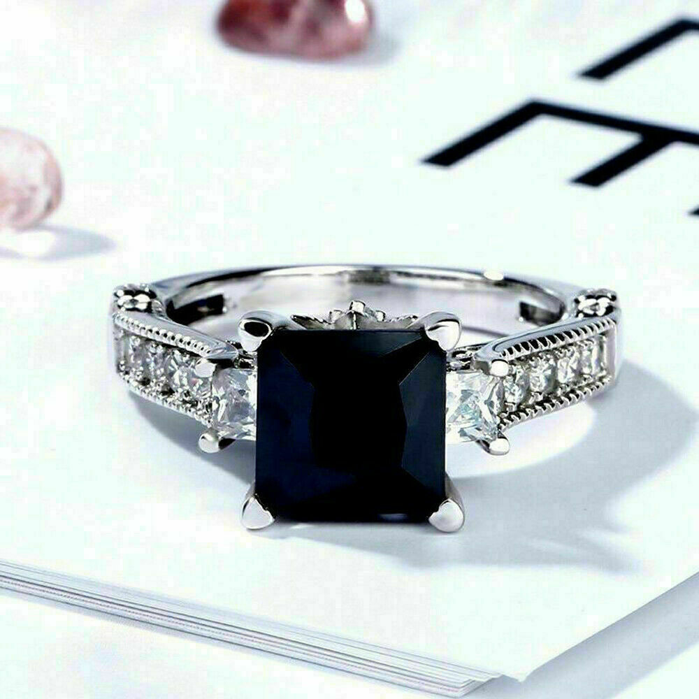 2.76Ct Princess Cut Black Diamond Simulated Engagement Ring in 14K White Gold