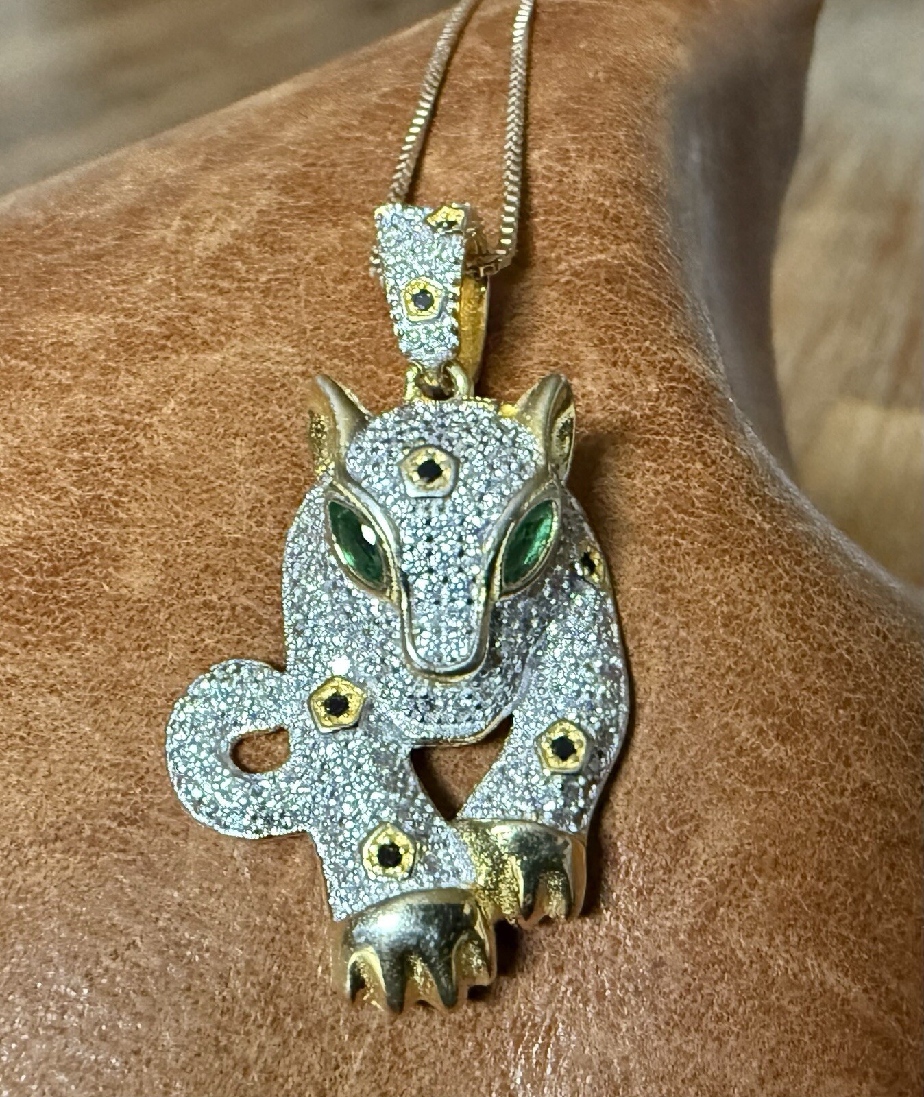 Cute Fuzion Creations Emerald Eyes Jaguar Pendant Gold Vermeil 925 Necklace 18″