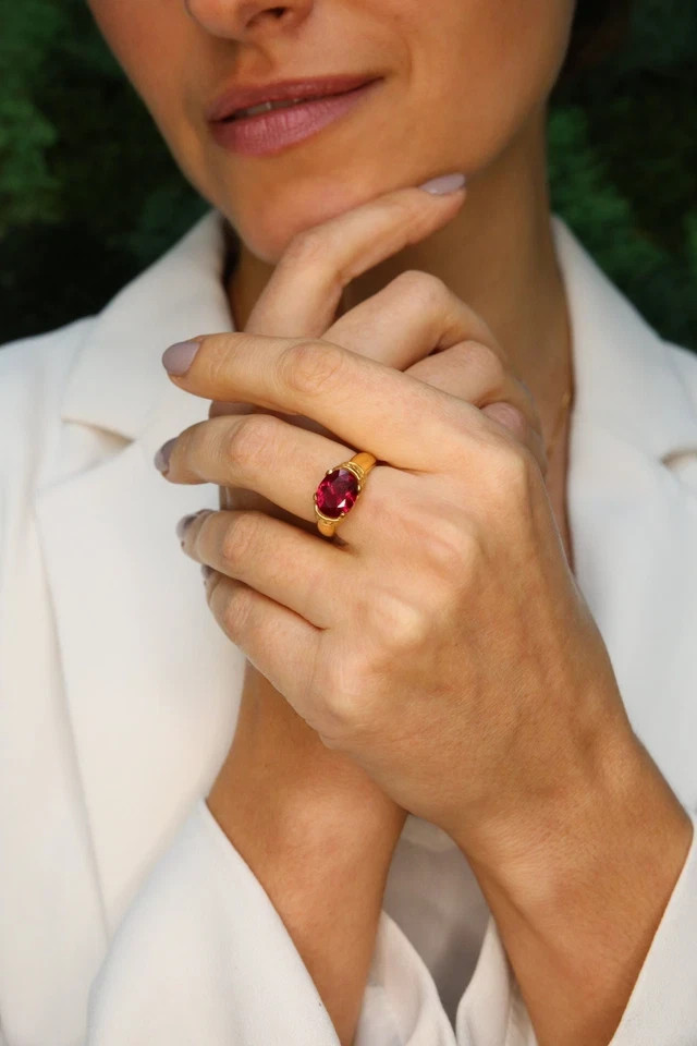 3.17 Ct Oval Cut Ruby &Diamond Wedding Engagement Ring 14K Solid Yellow Gold