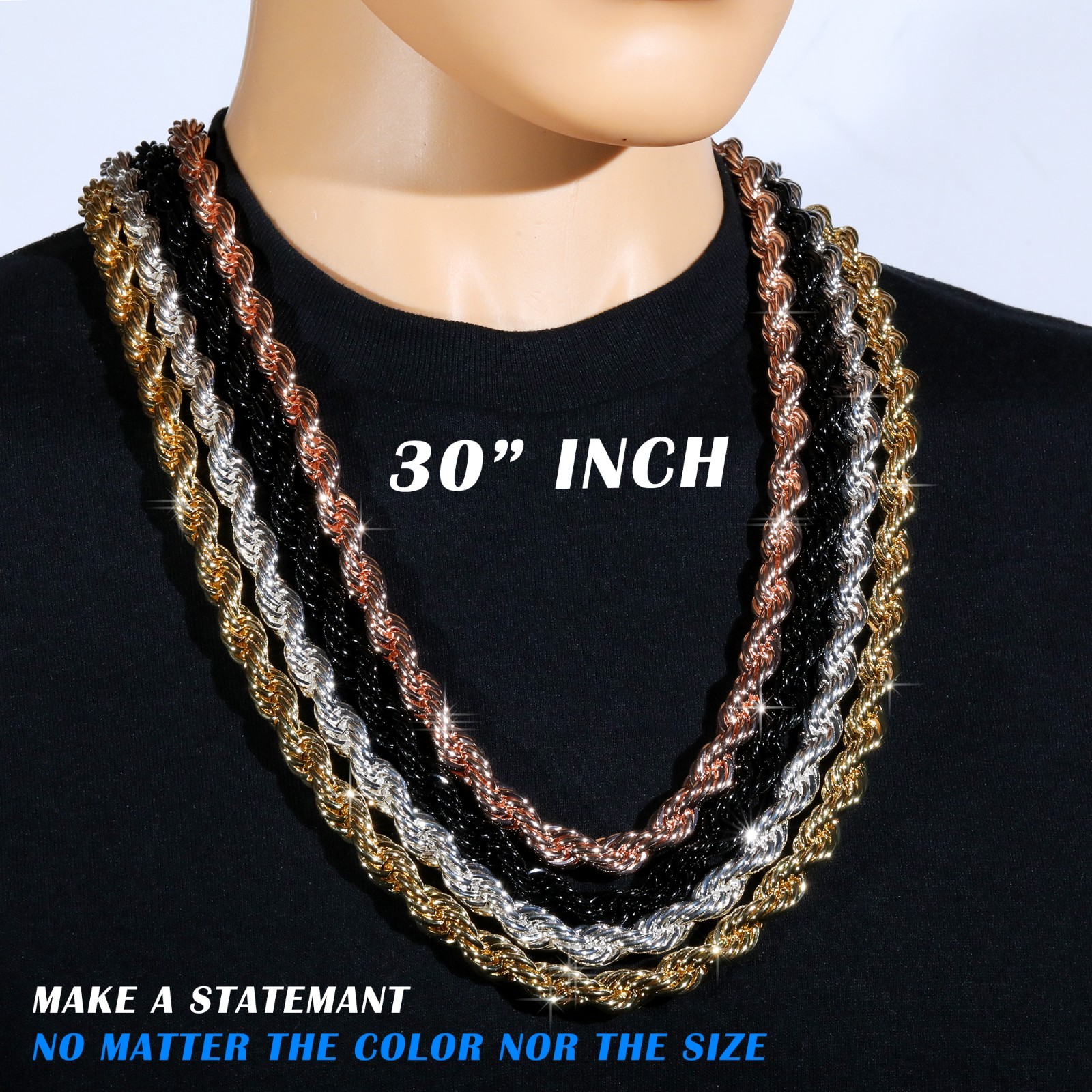 Rope Chain Necklace 10mm 30″ Gold Plated Silver Black & Rose Men Hip Hop Jewelry