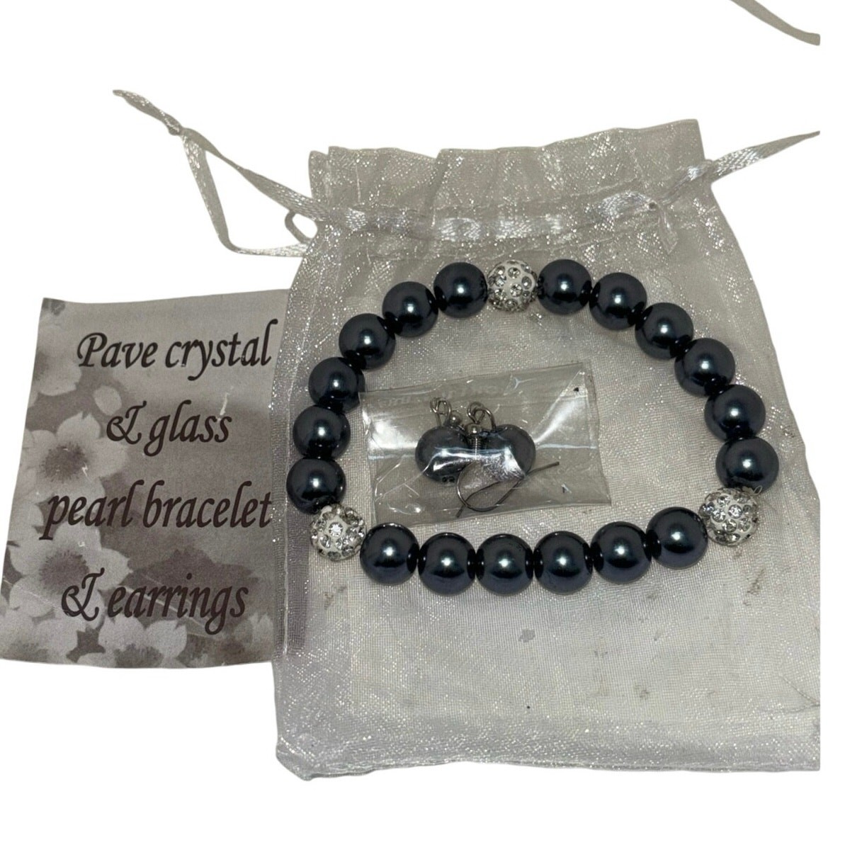 Pave and Crystal Pearl Bead Bracelet and Earring Set NEW