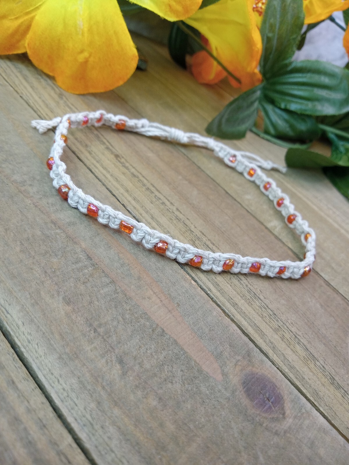 Natural Hemp Anklet with Orange Glass Beads 9.5 inches Hand Knotted Macrame