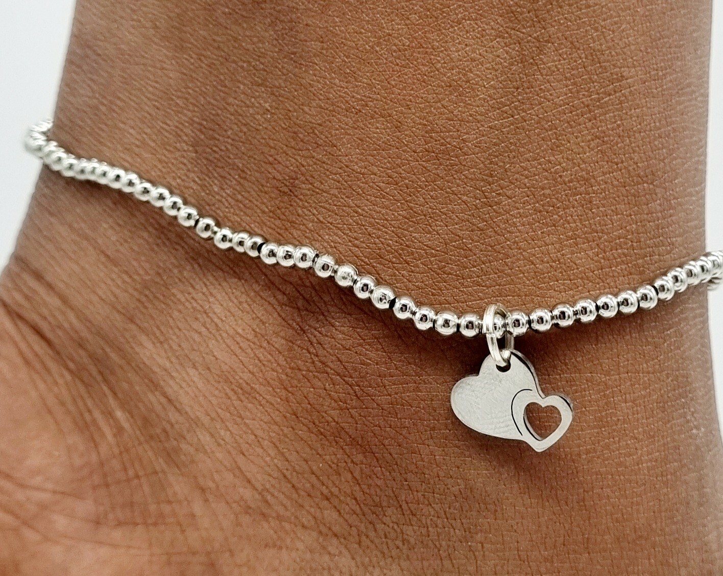 Silver metal Bead elastic ankle bracelet foot anklet with heart charm 25cm