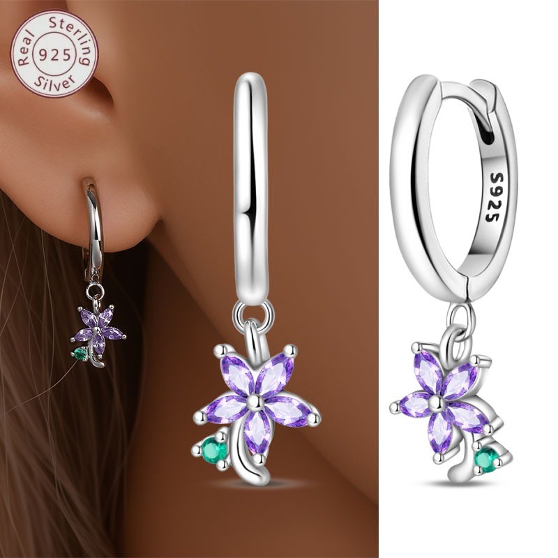 KUNSIR 925 Sterling Silver Floral Flower Drop Earriongs Fashion Women Gift Party