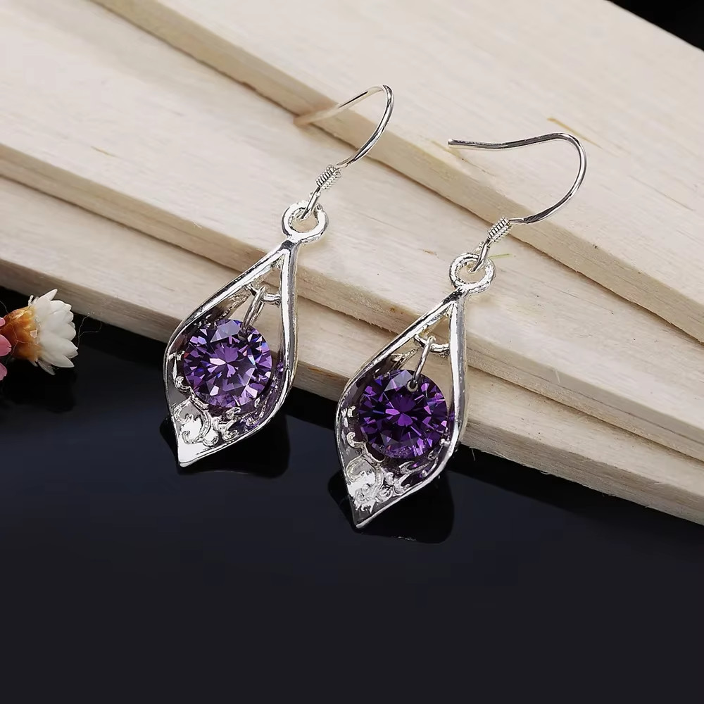 925 Sterling Silver Purple CZ Crystal Teardrop Drop Dangle Earrings Women Gift
