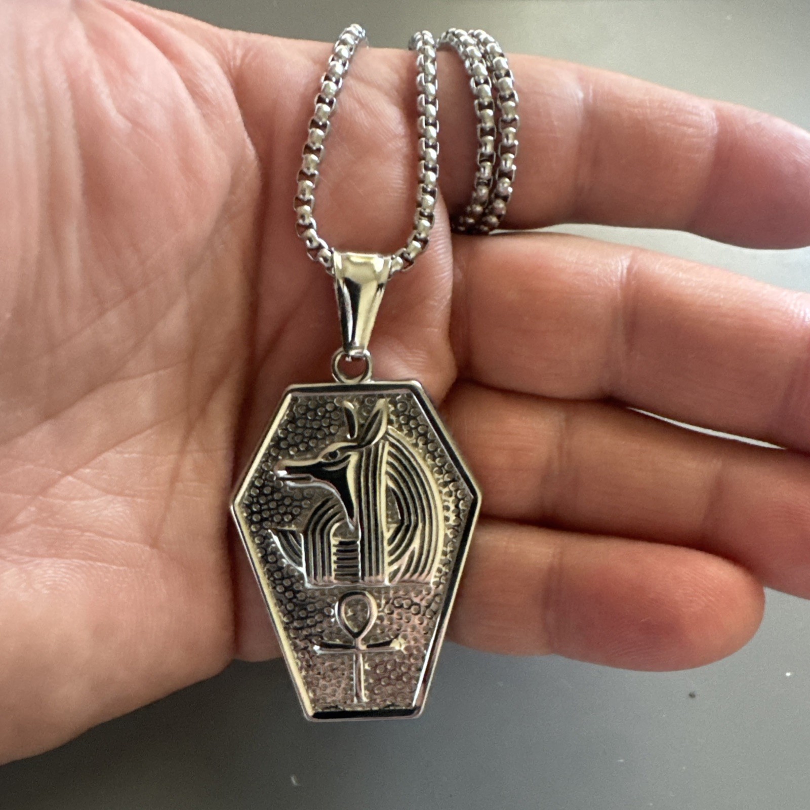Ancient Egyptian Mythology Sarcophagus Pendant Stainless Steel 24” Chain Ankh