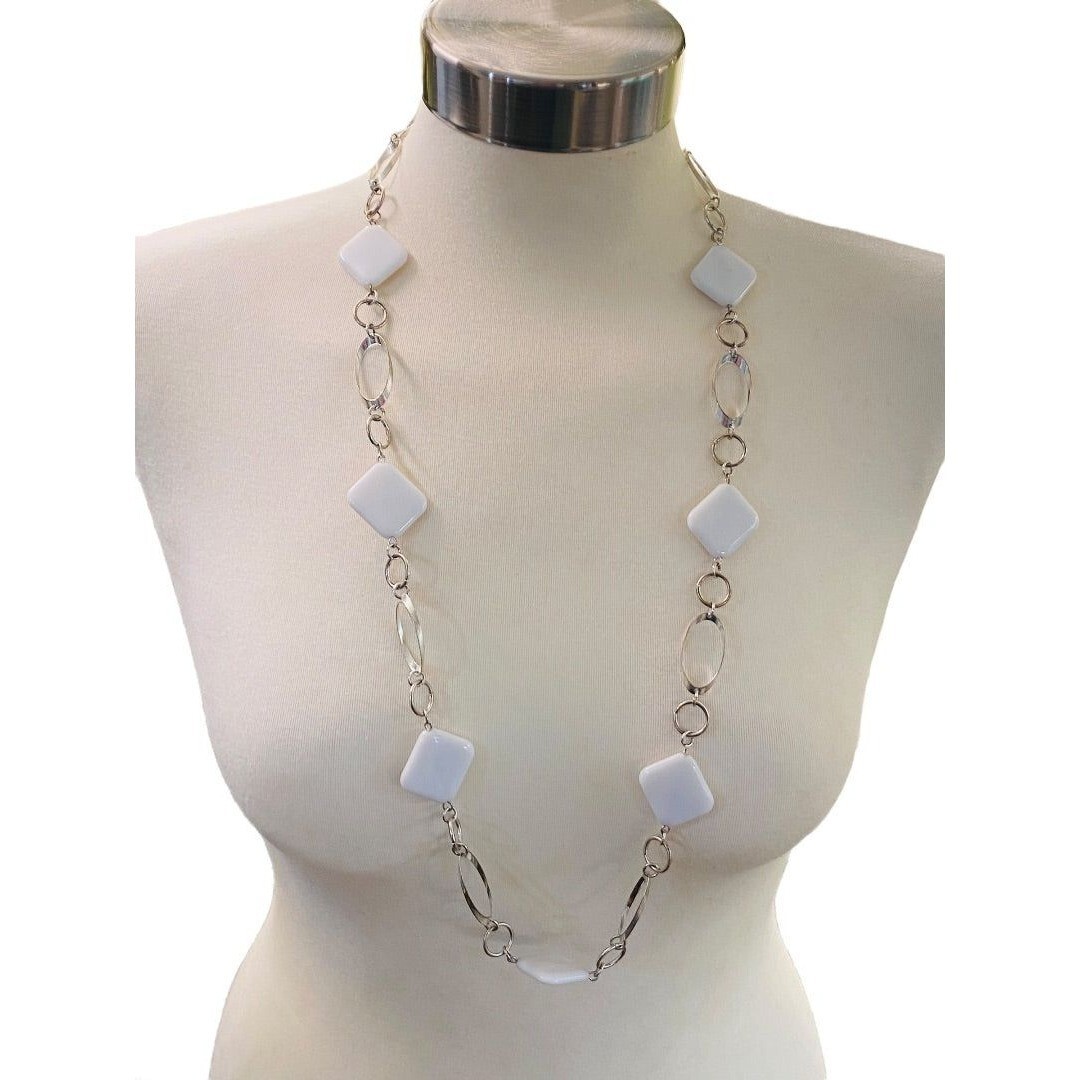 Silvertone and White Acrylic Square Necklace Overhead 34″ Lightweight