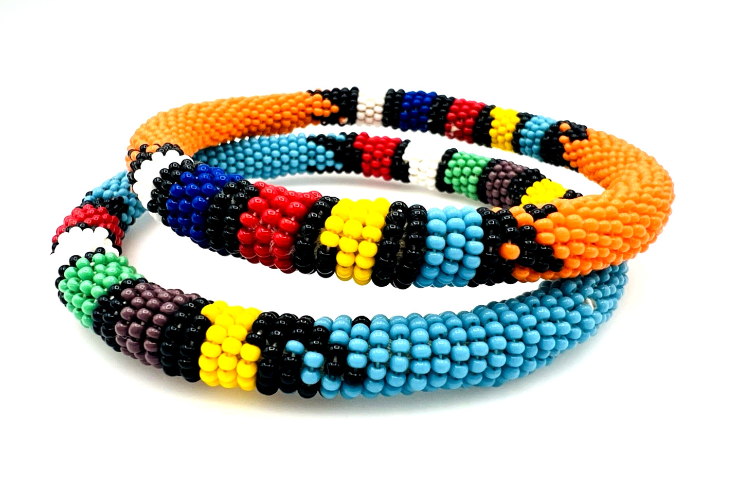 Two Unisex Handcrafted African Seed Bead Bangle Bracelets 2.8 in