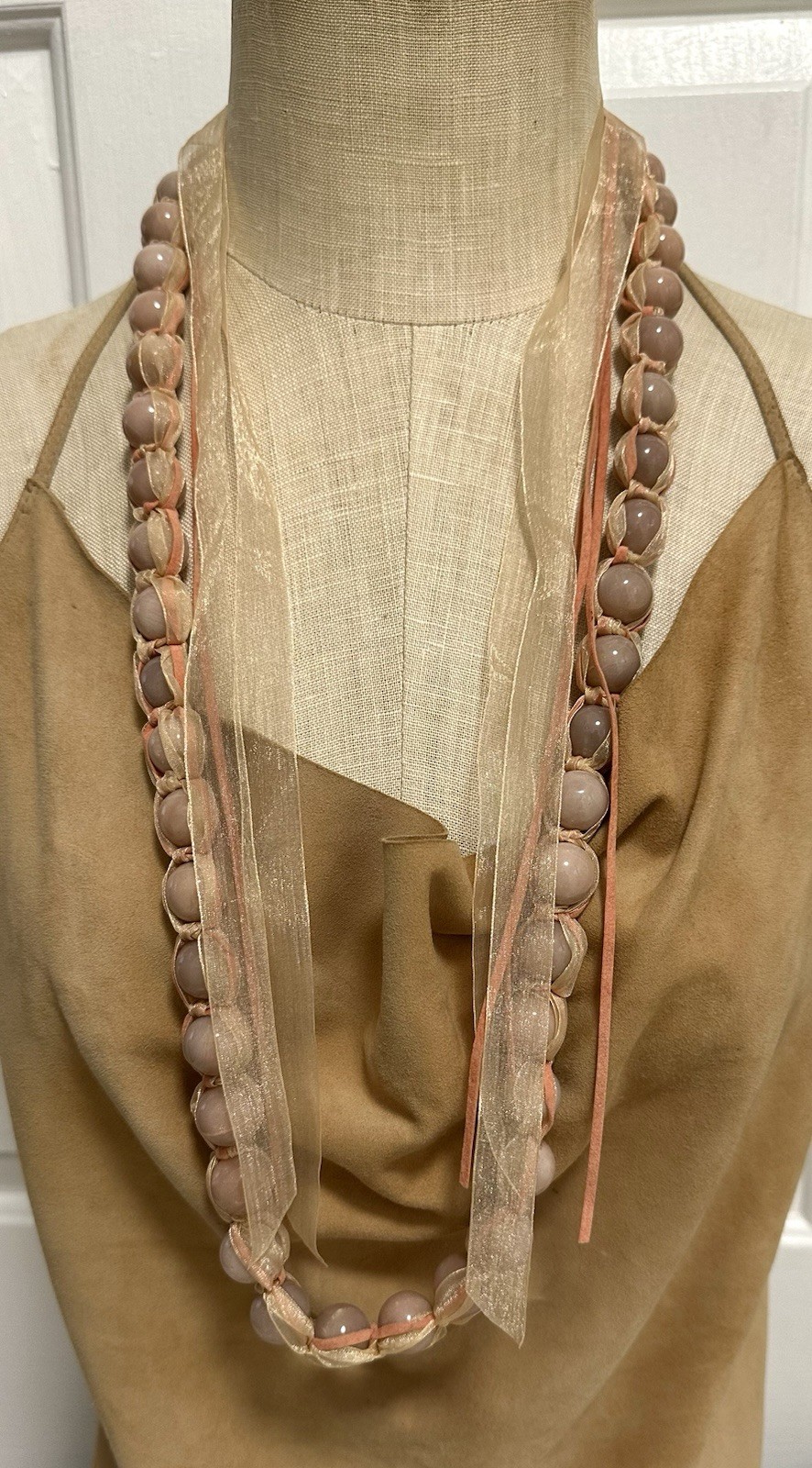 Simon Alcantara Wrapped Pink Quartz Bead Strand Statement Necklace Ribbon Suede