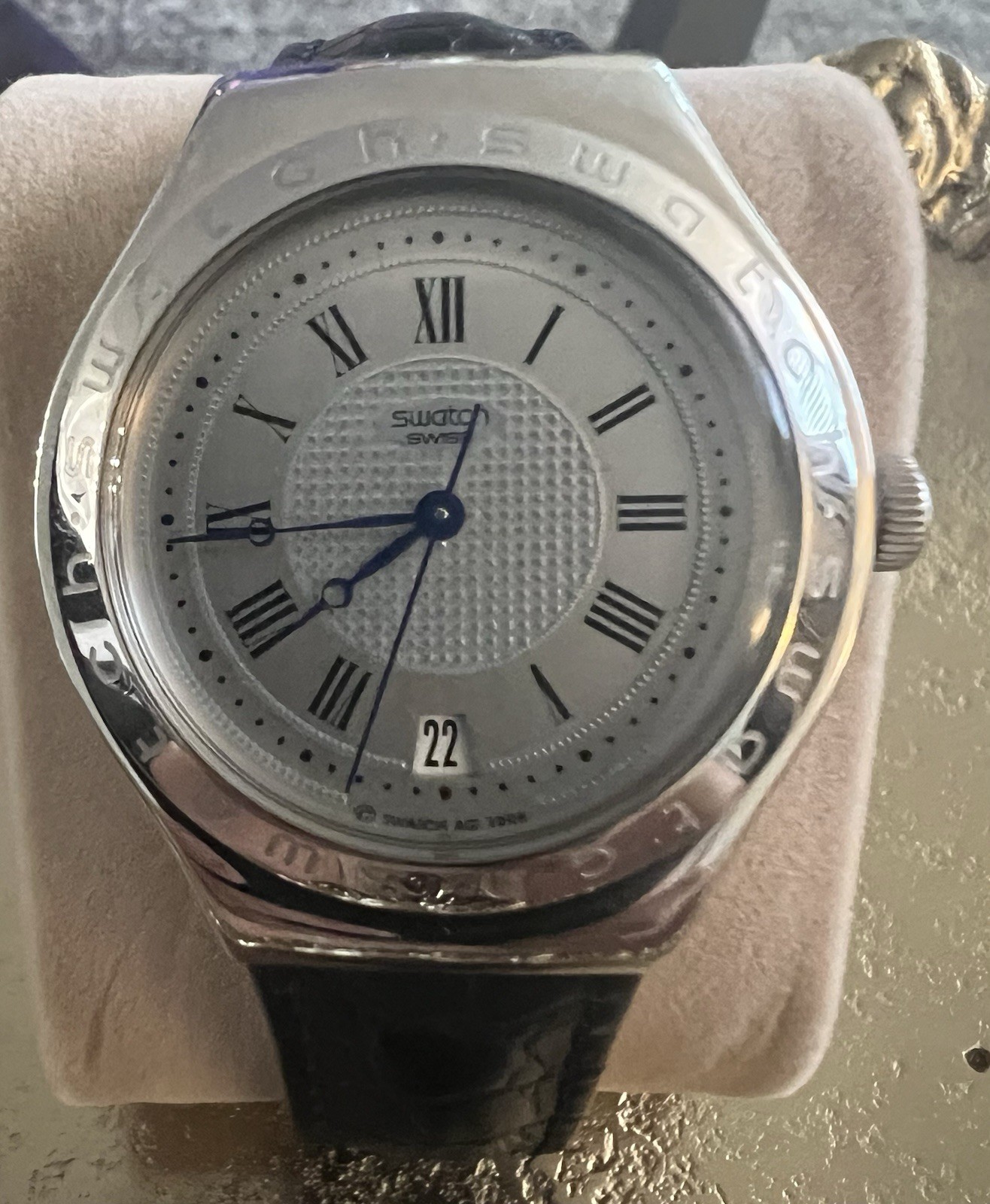 Swatch Irony Automatic 34mm Silver Dial Roman Numerals Date Black Leather