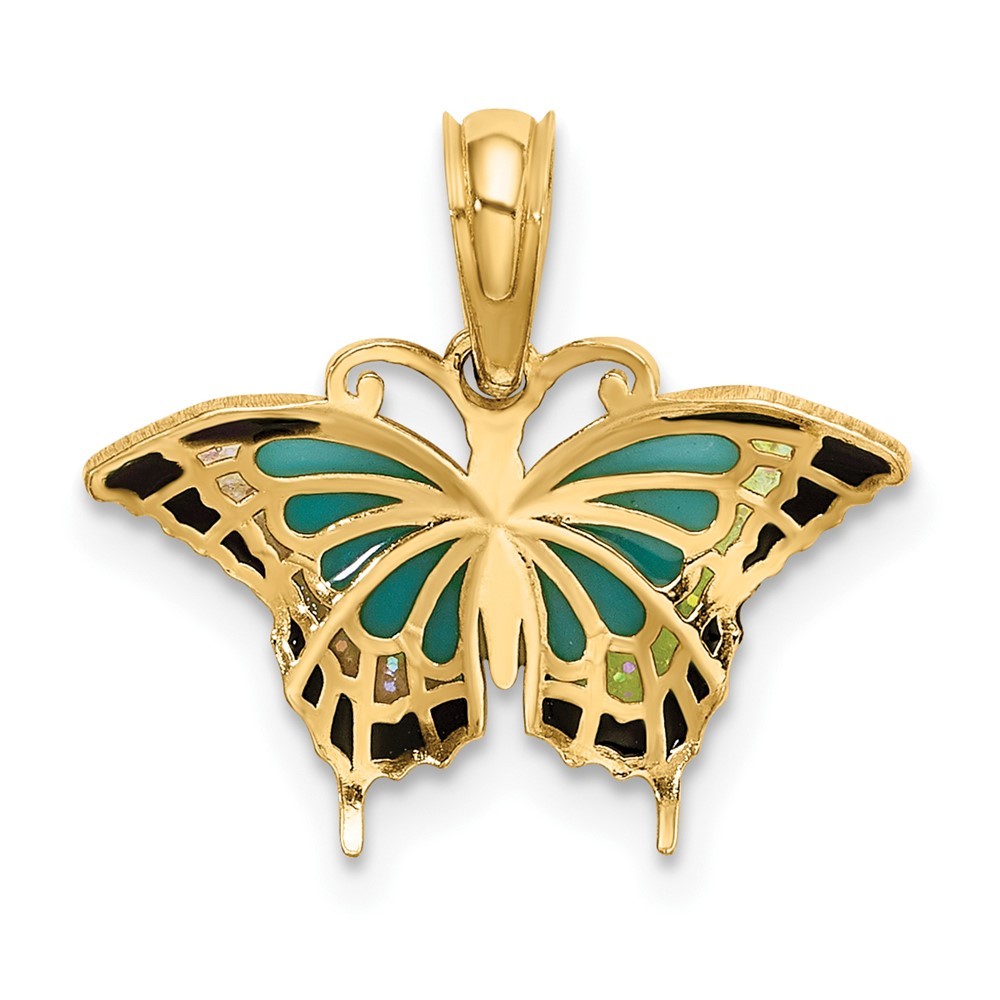 10k Yellow Gold Aqua Enameled Wings Butterfly Charm Pendant 0.64gm L-15.1mm