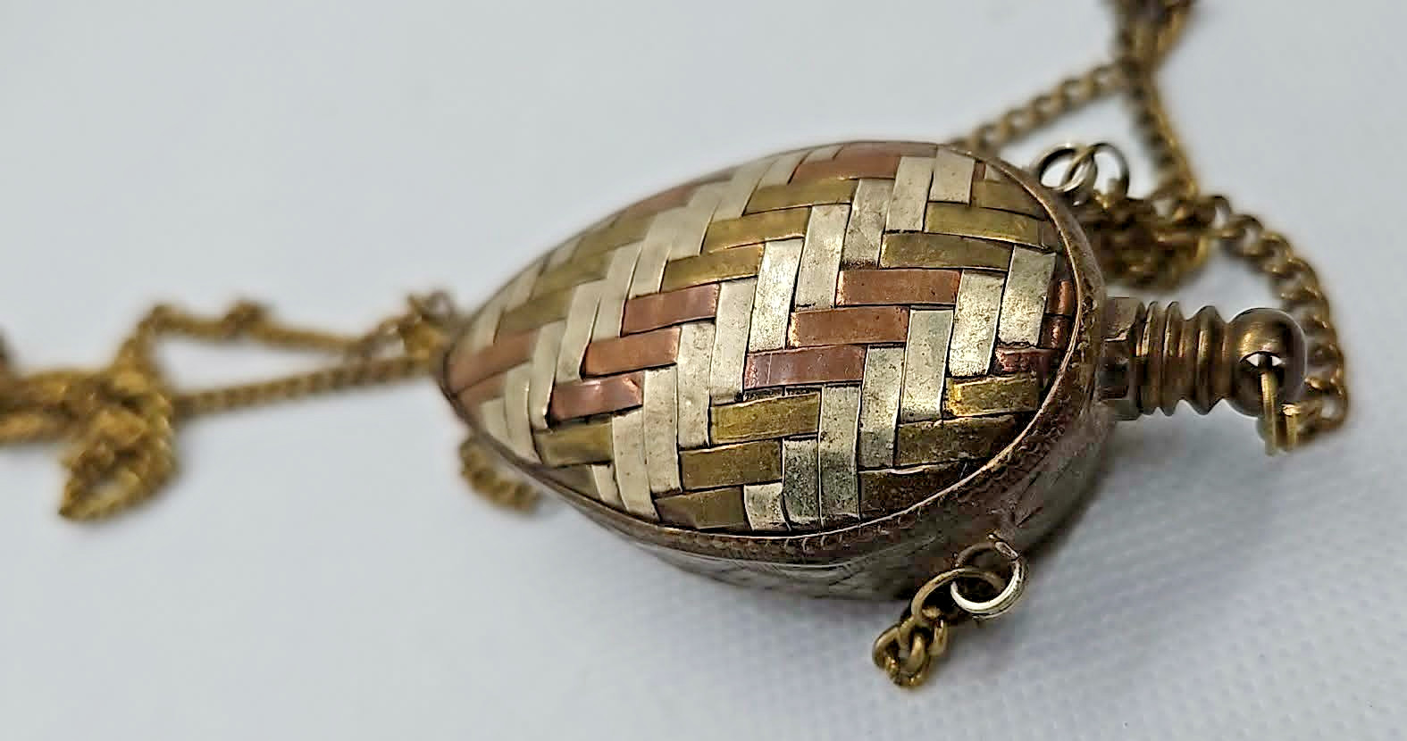 Vintage Perfume Bottle Necklace Pendant Chatelaine Woven Mixed Metal Flask 41g