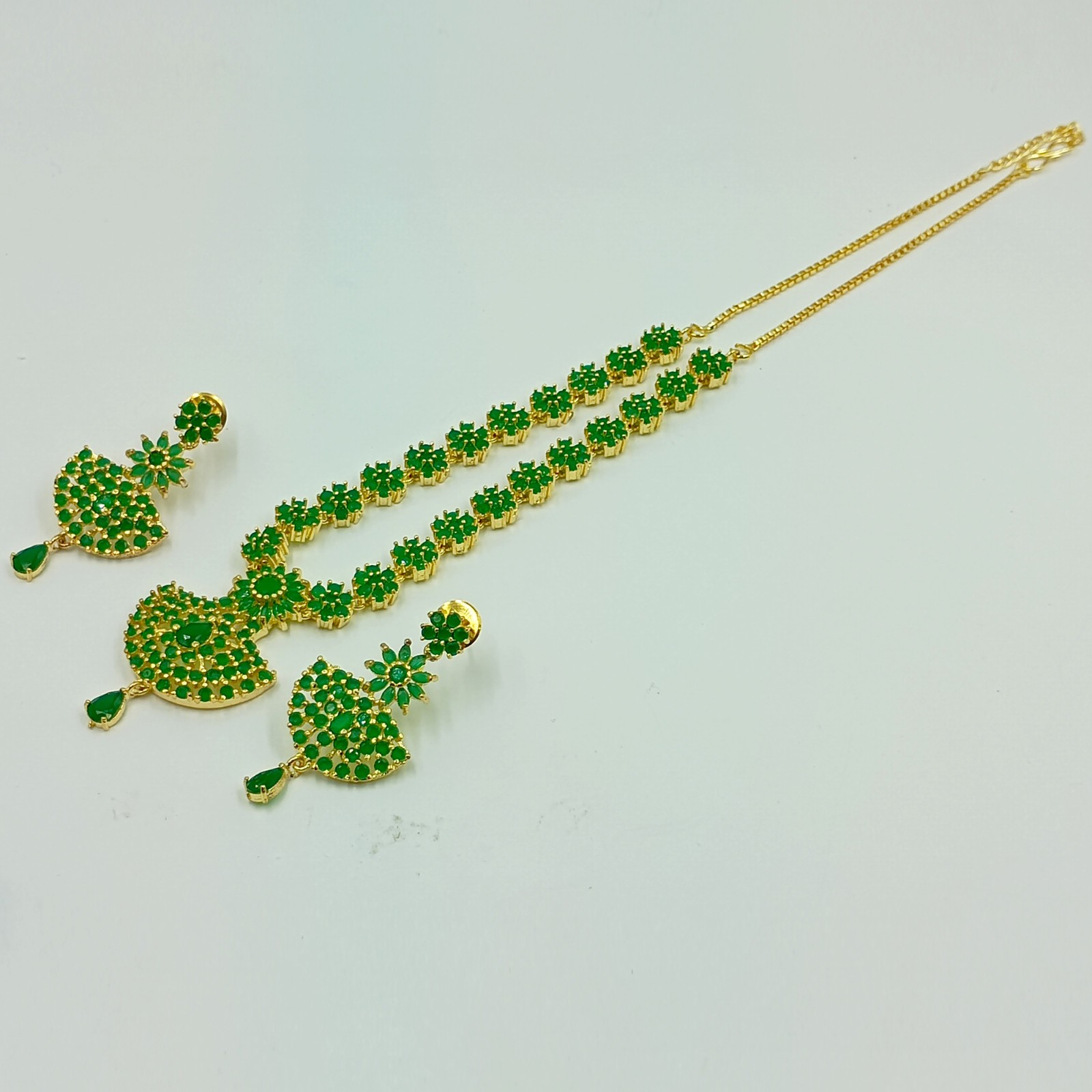 Traditional South Indian 22k Gold Plated Emerald Stone Necklace Set