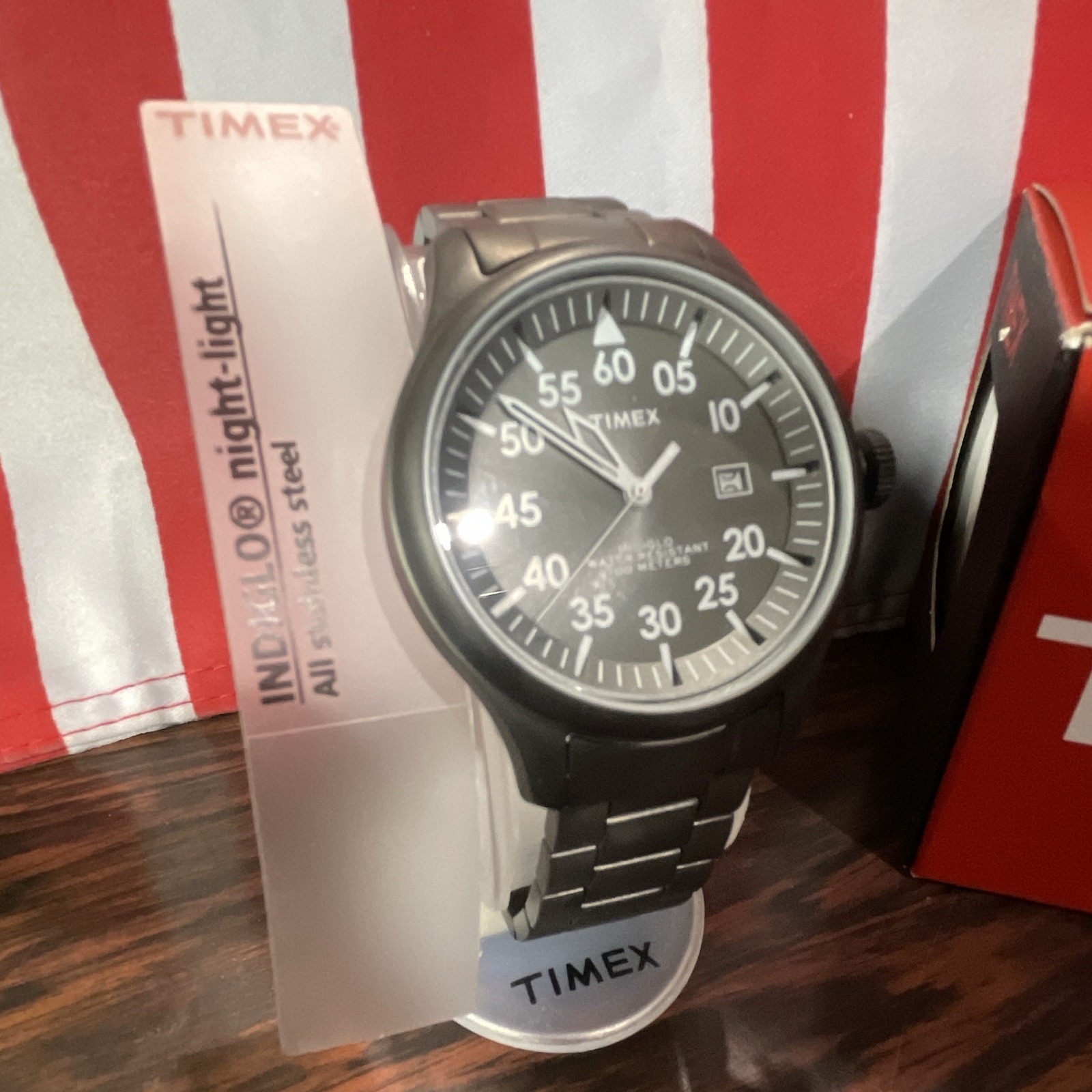 Timex Expedition Men’s Quartz Black Dial Arabic Date Indiglo 50m SS Bracelet Box