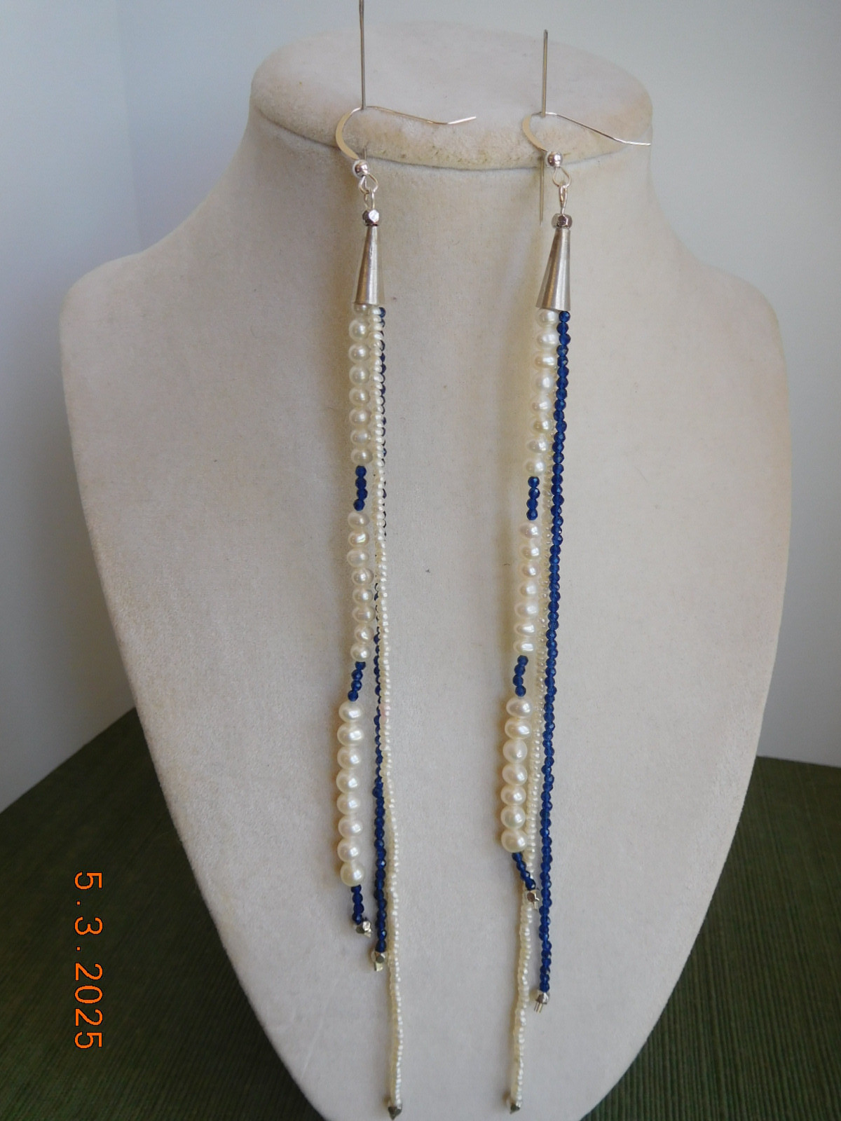 Sterling silver white pearl and blue faceted agate beaded long earrings 7.5 inch