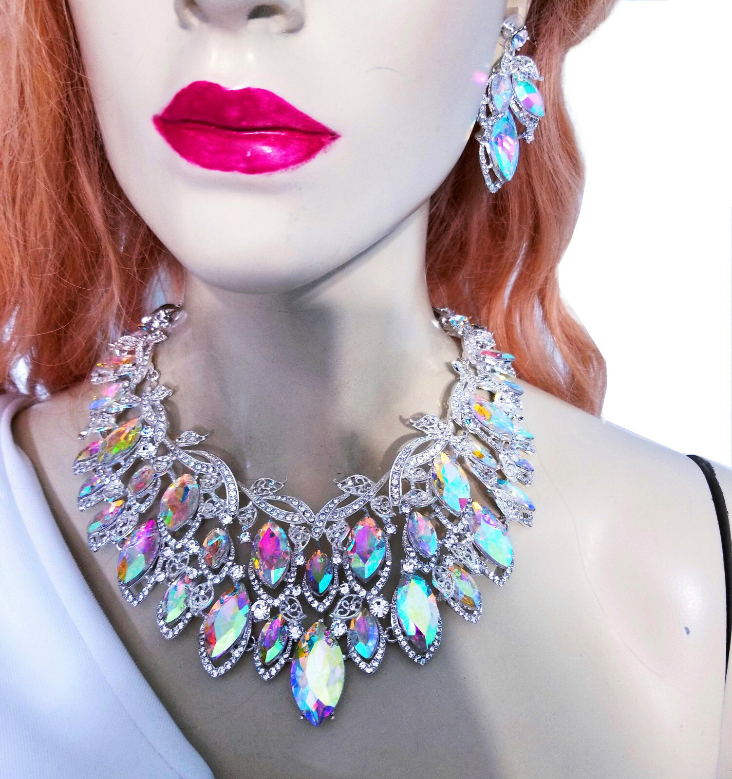 Choker Bib Necklace Earring Set Rhinestone Crystal AB Iridescent