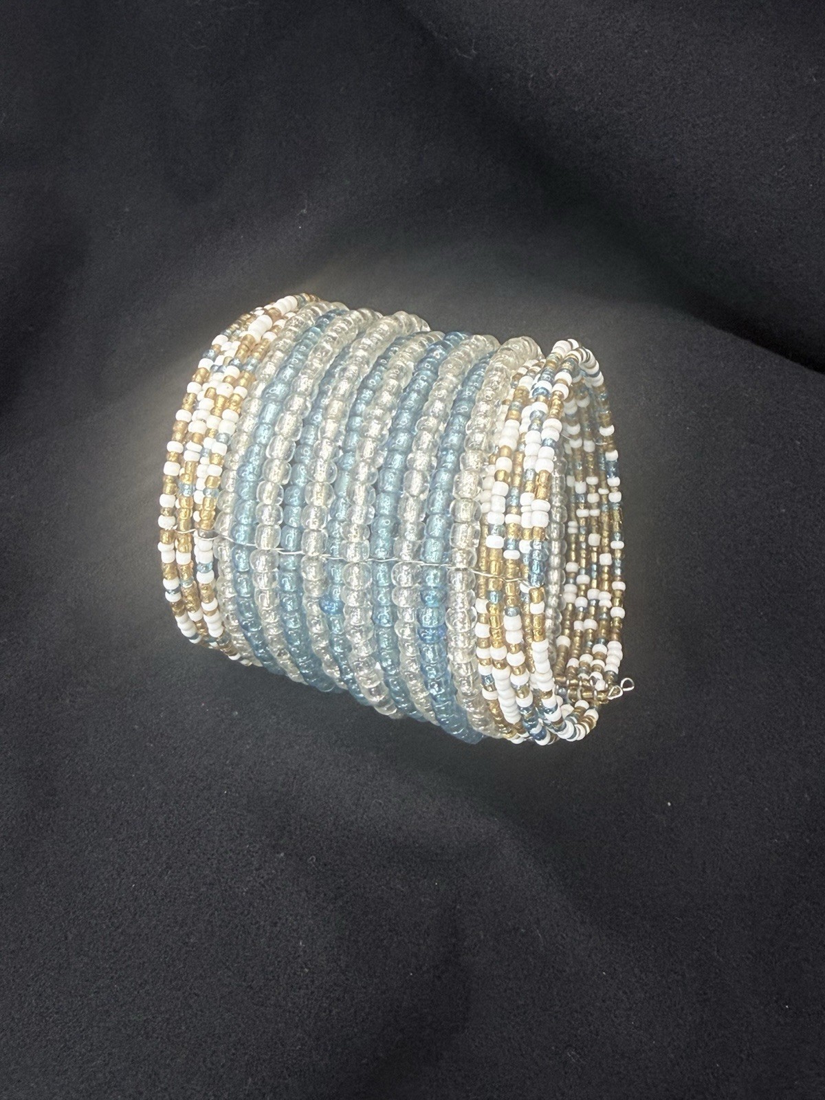 Blue White Gold Glass Seed Bead Wrap Cuff Bracelet, Multi-Strand, Stackable