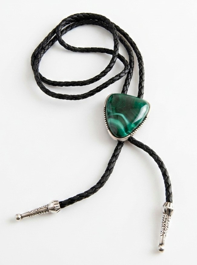 Men’s Western Adjustable Black Leather Bolo Tie Green Malicite Color