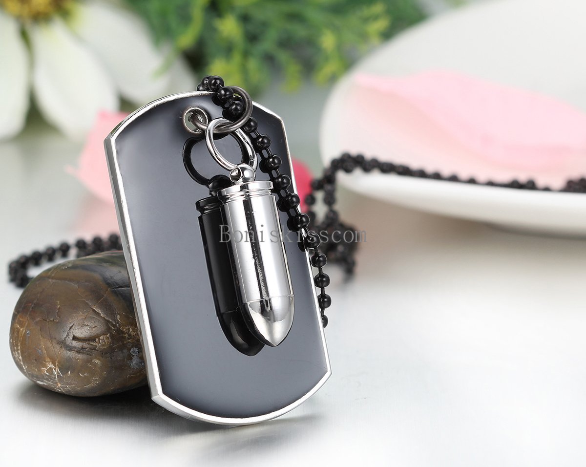 Men’s Stainless Steel Black Bullet Dog Tag Pendant Necklace w Bead Chain