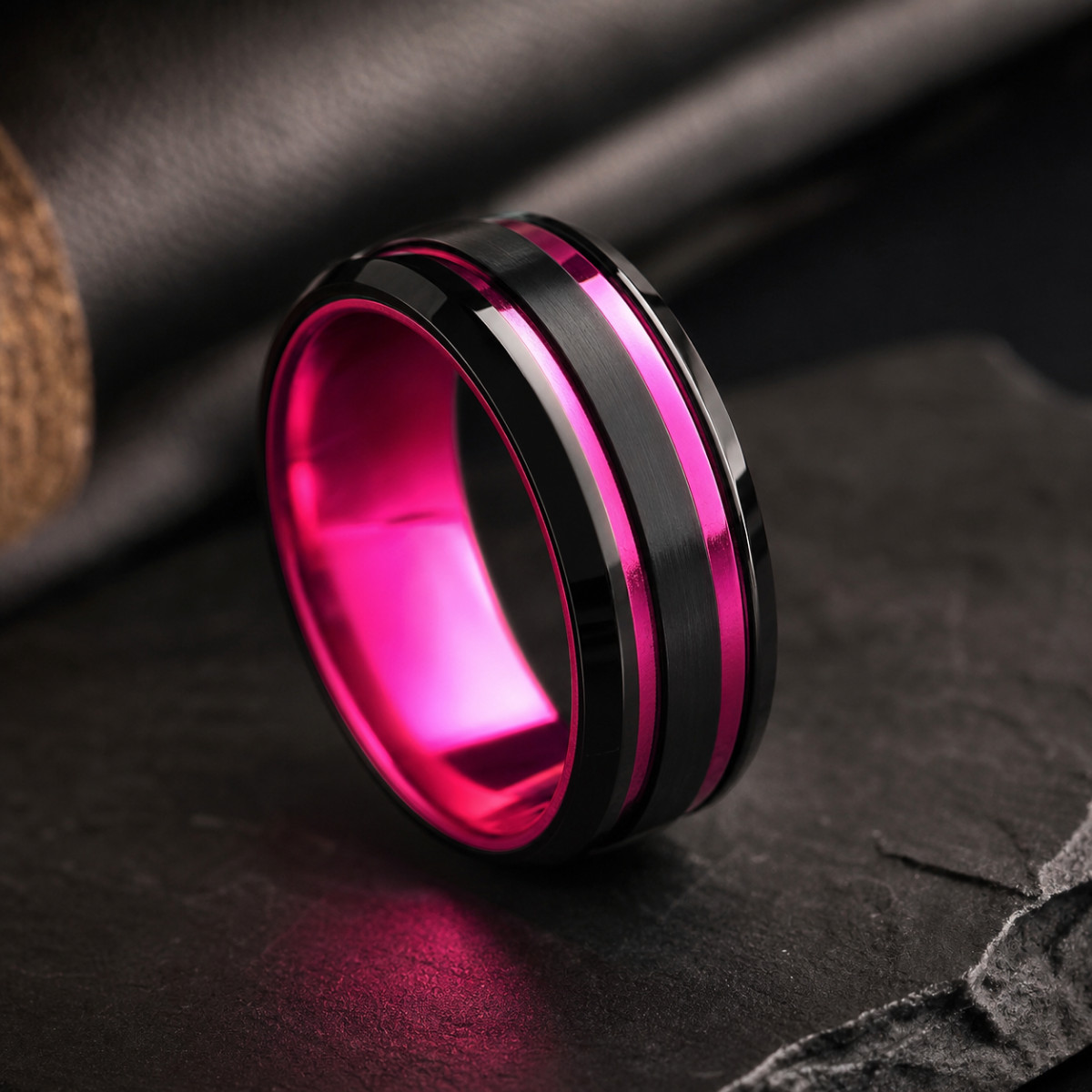 8mm Black Tungsten Mens Pink Stripe Wedding Band Ring Size 10 Breast Cancer