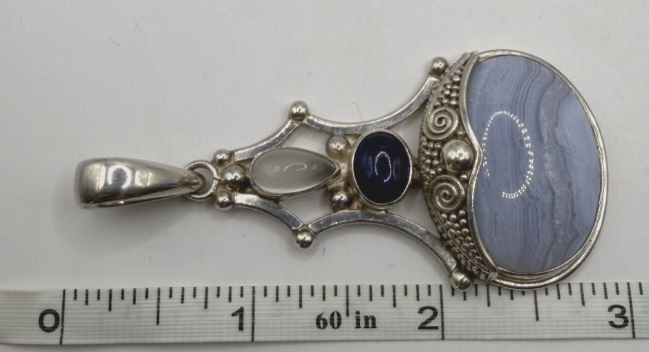 SAJEN Sterling Silver Filigree Blue Lace Agate Oval Drop Pendant [076DUR]