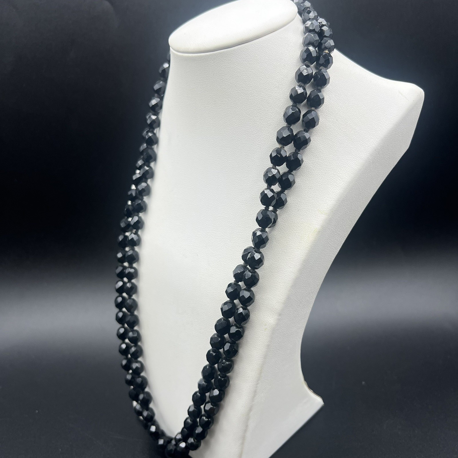Vintage Faceted Jet Black Glass Double Strand Beaded Necklace Made in Austria