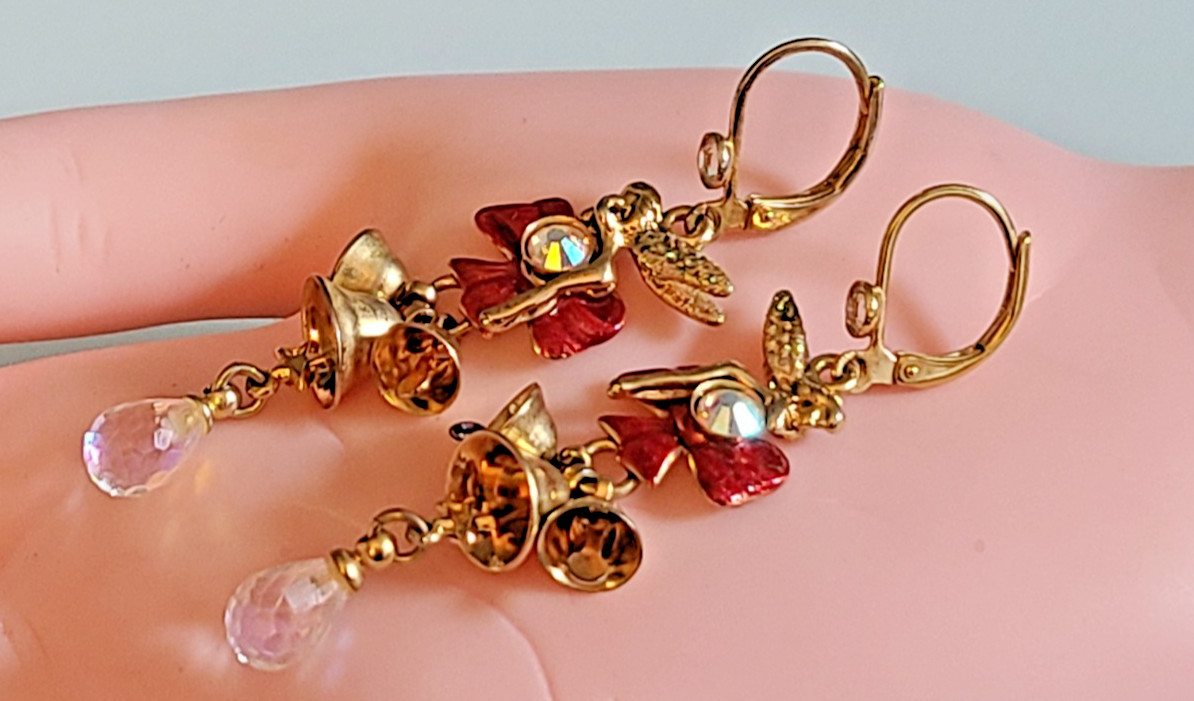 Signed Kirks Folly Vintage Christmas Angel Fairy Bow Jingle Bell Dangle Earrings