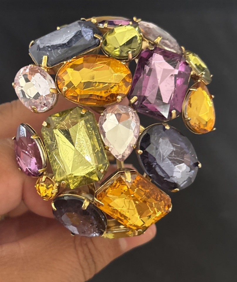 Vintage Gold Tone Plastic Resin Rhinestones Wide Hinged Bracelet Wow